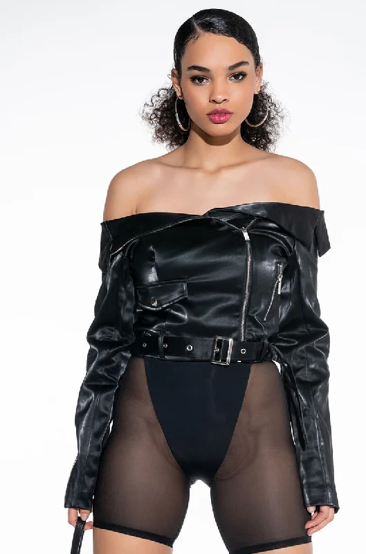 Casual Jacket-OFF THE SHOULDER PLEATHER MOTO JACKET