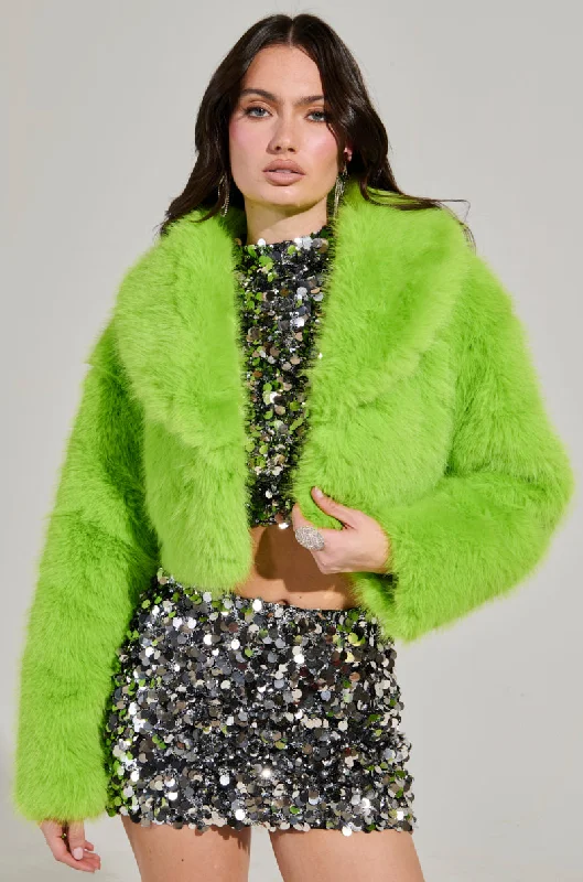 Cold Weather Jacket-LIGHTS OUT CROPPED FAUX FUR JACKET IN LIME