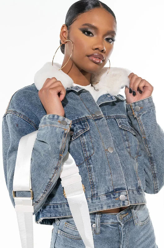 Motorcycle Jacket-CROP DENIM JACKET WITH PLUSH COLLAR