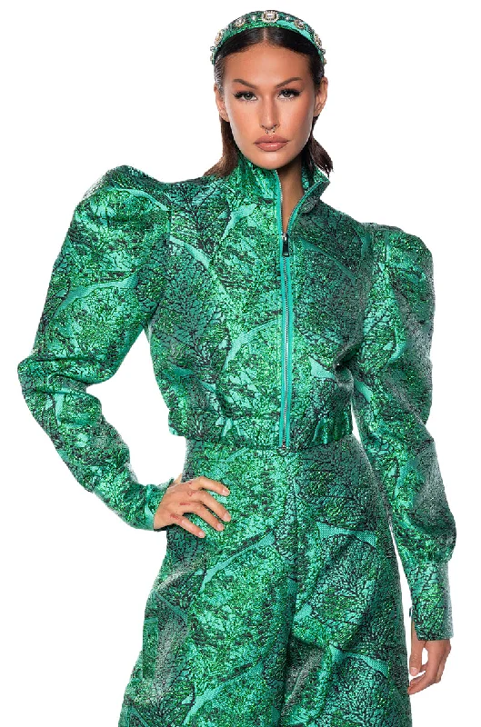 Active Jacket-GREEN BROCADE PUFF SHOULDER BOMBER JACKET