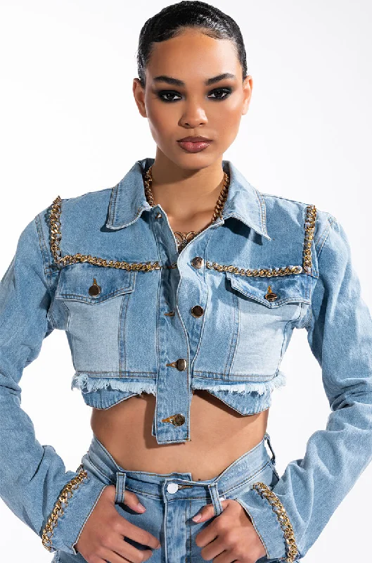 Graphic Jacket-GOLD CHAIN HEM CROP DENIM JACKET