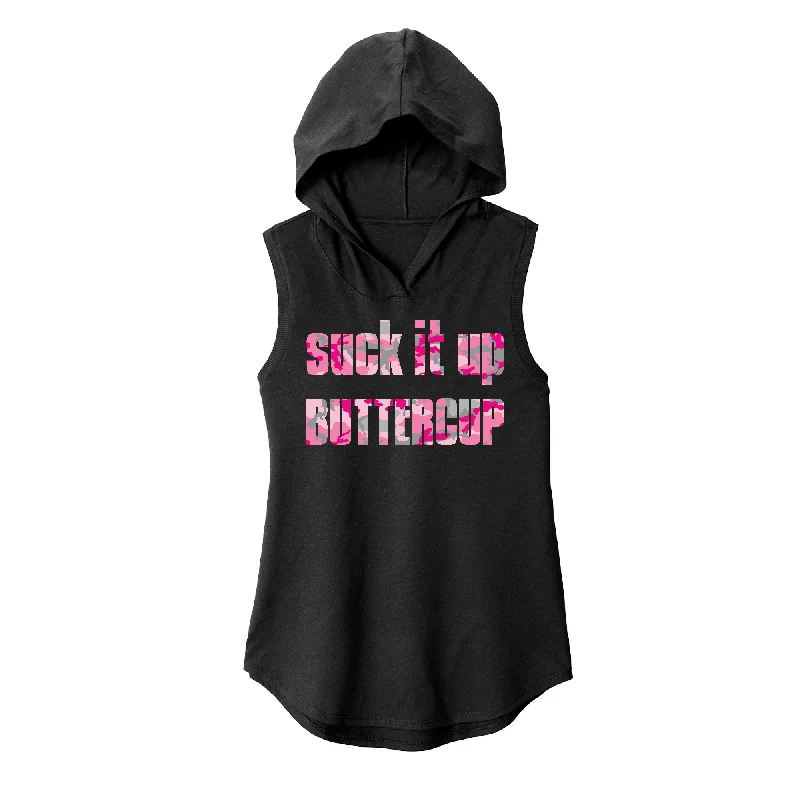 Bold Print Hoodie-Suck it up Buttercup Pink Camo Sleeveless Hoodie