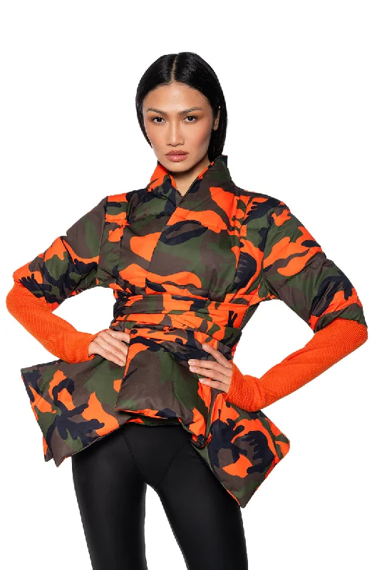 Insulated Parka Jacket-CAMO PEPLUM PUFFER JACKET WITH RIB ARMS AND THUMBHOLE