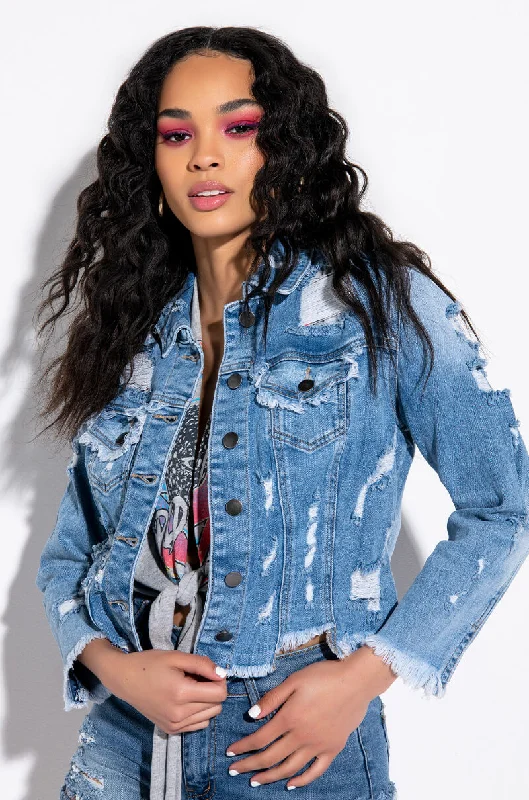 Warm Weather Jacket-SAY MY NAME DISTRESSED CROPPED DENIM JACKET