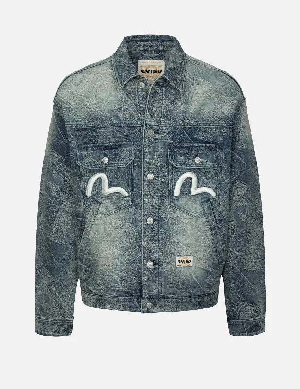 Cold Weather Jacket-Allover Pocket Print and Seagull Embroidery Loose Fit Denim Jacket