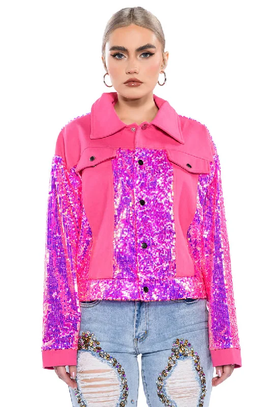 Hoodie Jacket-IN THE MOOD FOR LOVE SEQUIN DENIM JACKET