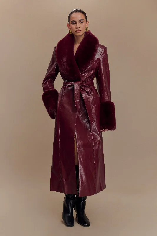 Softshell Jacket-Bec Faux Leather Trench Coat With Faux Fur - Cherry Red