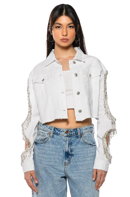 Sport Performance Jacket-AZALEA WANG CUT OUT ARM RHINESTONE DENIM JACKET