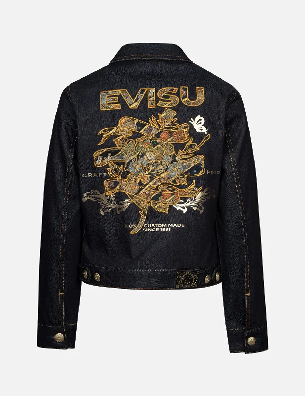 Slim Fit Jacket-Brocade Rose and Logo Embroidery Regular Fit Denim Jacket