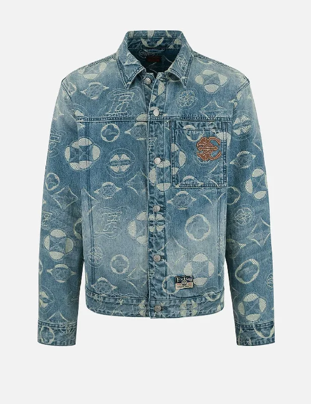 Urban Street Jacket-Allover Kamon Jacquard Loose Fit Denim Jacket