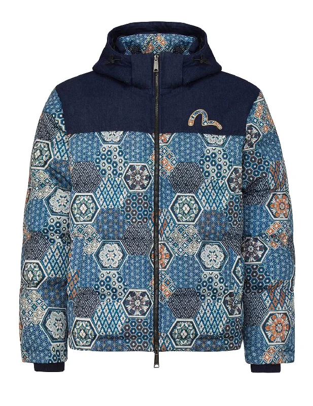 Street Style Jacket-Allover Brocade Fabric Blocking Down Jacket