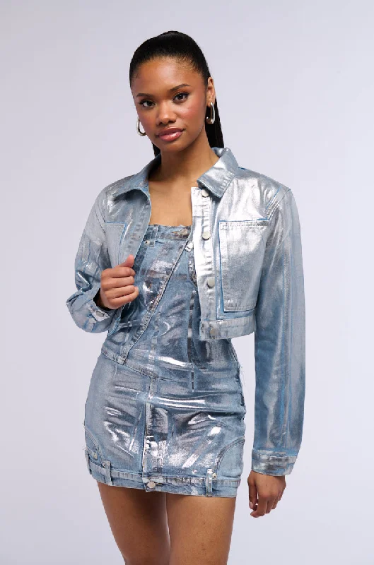 Motorcycle Jacket-METALLIC DENIM BUTTON DOWN CROP JACKET