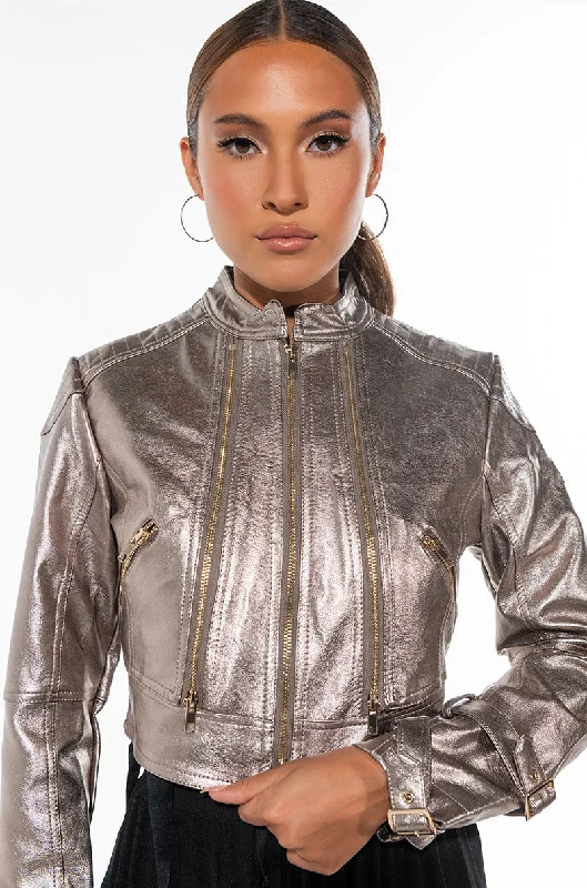 Fashion Jacket-PEWTER METALLIC MOTO JACKET