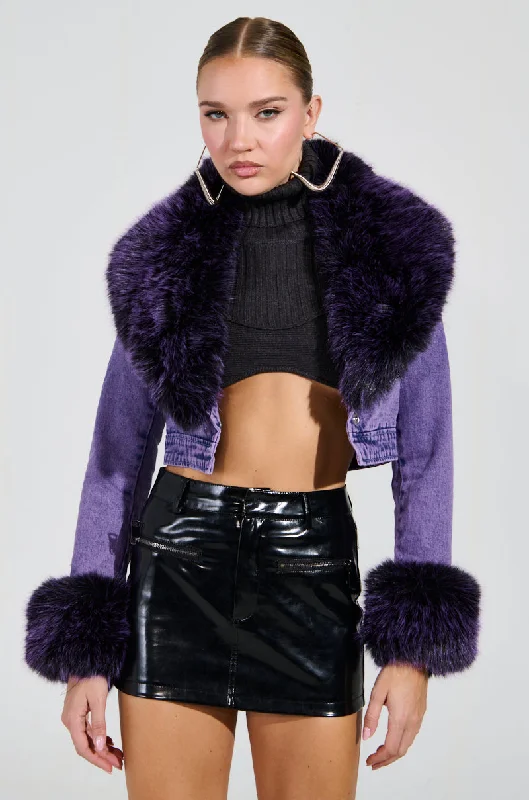 Leather Jacket-GISELE CROPPED FUR TRIM DENIM JACKET IN PURPLE