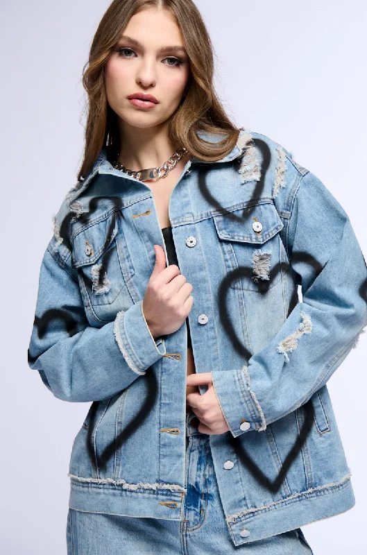 Rain Jacket-SPRAY PAINTED HEART OVERSIZED DENIM JACKET