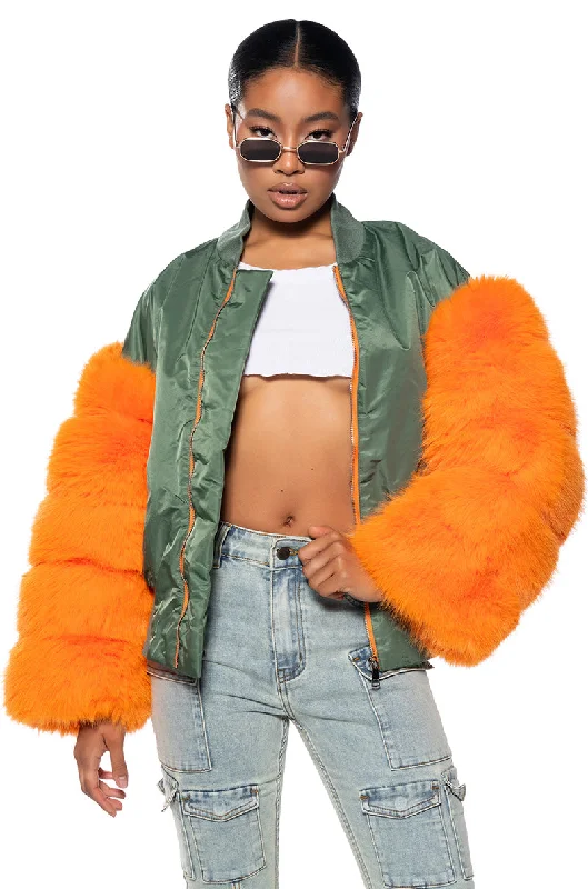 Winter Jacket-ENDLESS FAUX FUR SLEEVE BOMBER JACKET