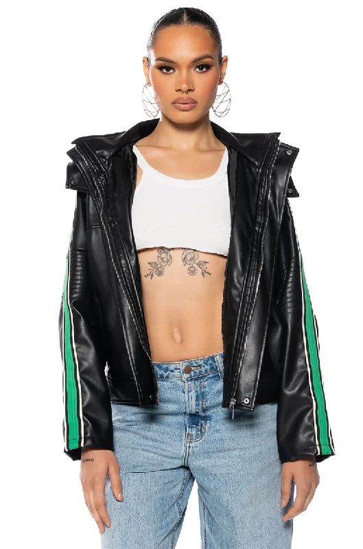 Casual Jacket-ON YOUR MARKS FAUX LEATHER HOODED JACKET