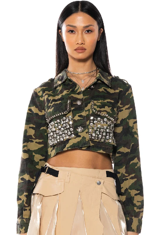 Full Sleeve Jacket-CROP CAMO BOMBER JACKET WITH STUDS