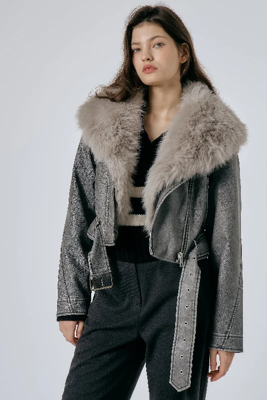 Bomber Jacket-Celina Detachable Fur Rider Jacket