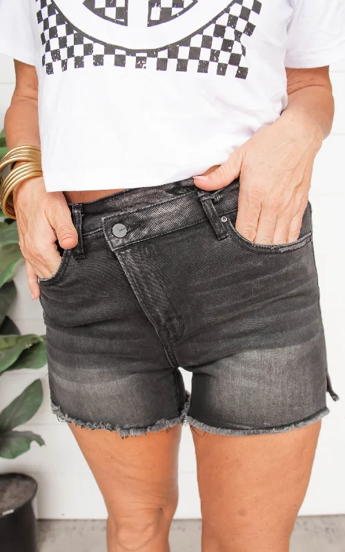 Fashionable Shorts-Black High Rise Cross Over Denim Shorts | MICA - Final Sale