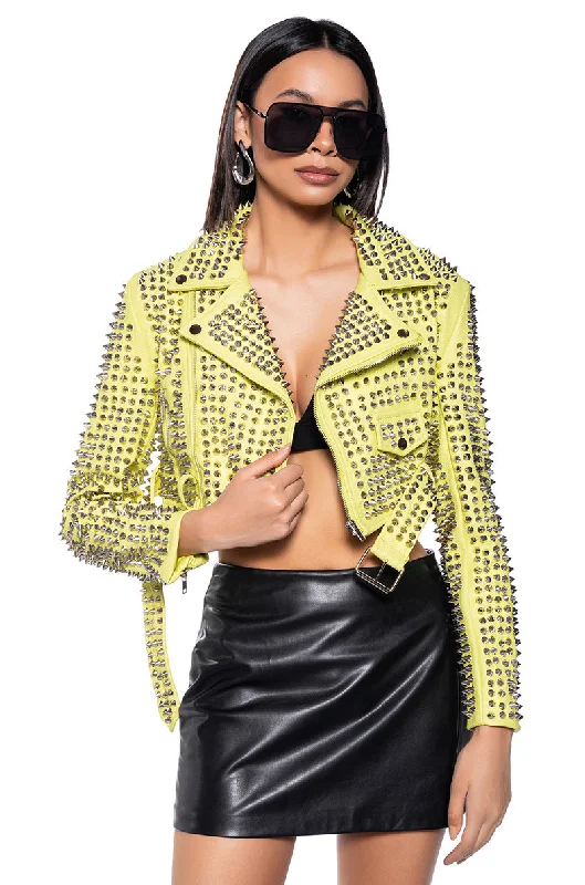 Chic Trench Jacket-GAZETTE SULPHUR EDITION CROP MOTO JACKET WITH 3000 STUDS