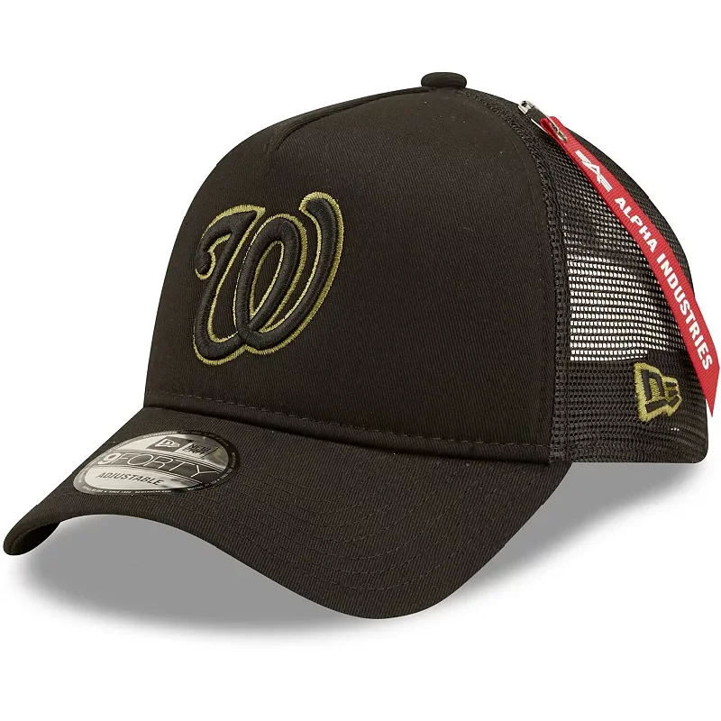 Athletic Hat-New Era Washington Nationals Alpha Industries A-Frame 9FORTY Trucker Snapback Hat-Black