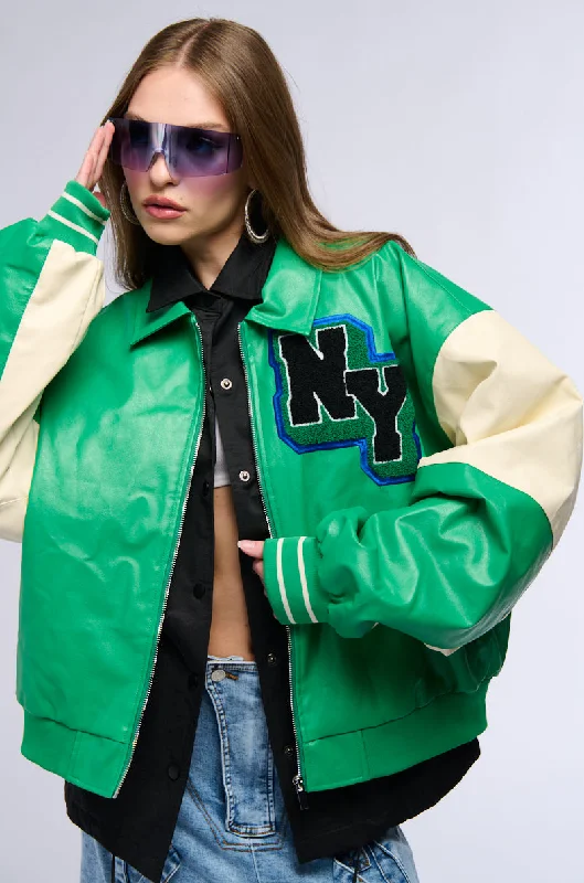 Trench Jacket-NUEVA YORK VARSITY PATCH FAUX LEATHER BOMBER JACKET