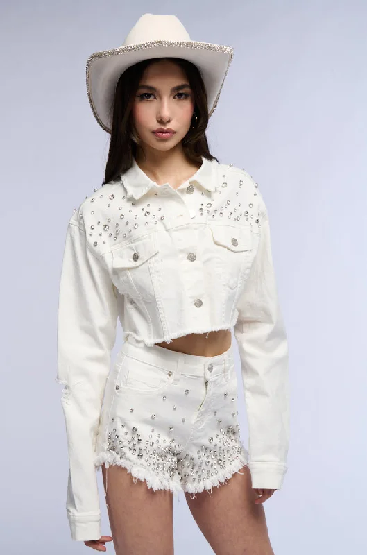 Chic Trench Jacket-CROPPED WHITE DENIM EMBELLISHED JACKET