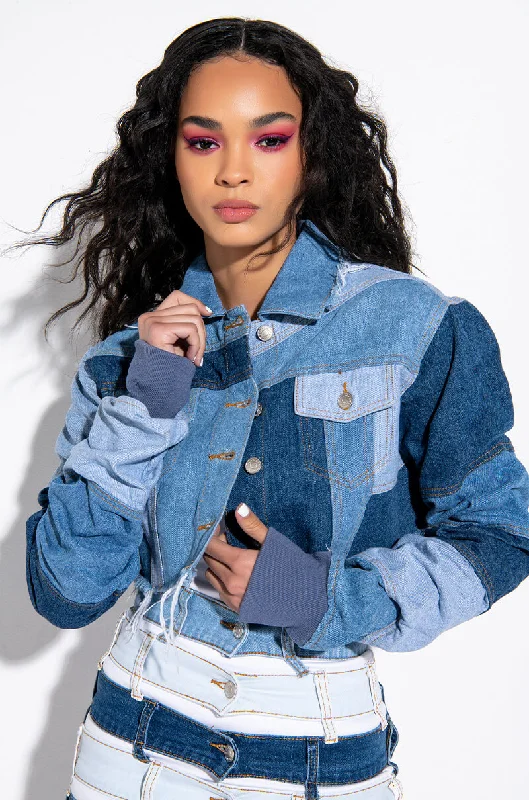 Sporty Jacket-STACKED PATCH WORK CROP DENIM JACKET