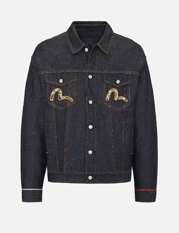 Lightweight Puffer Jacket-Scroll Daicock and Brocade Seagull Patch Denim Jacket