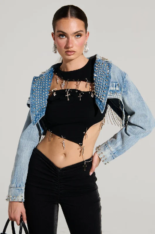 Stylish Puffer Jacket-WATERFALL RHINESTONE CROPPED DENIM JACKET