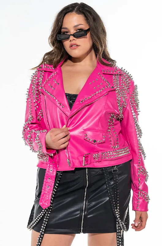 Premium Jacket-PLUS AZALEA WANG ALL PINK SOFI STUDDED MOTO JACKET