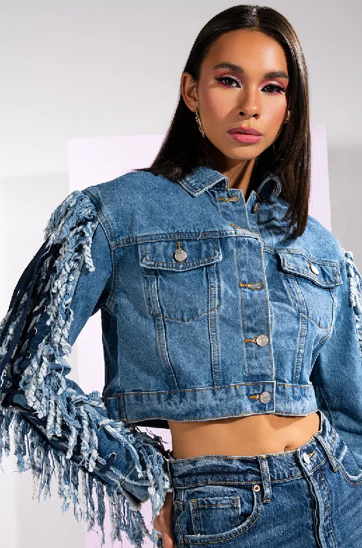 Urban Jacket-AZALEA WANG RINNA LACE UP FRINGE DENIM JACKET