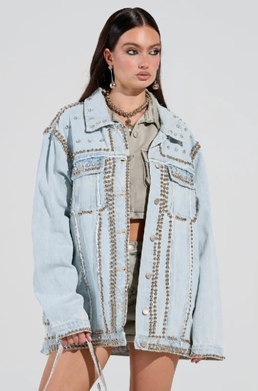 All-weather Jacket-GAME TIME EMBELLISHED LONGLINE DENIM JACKET