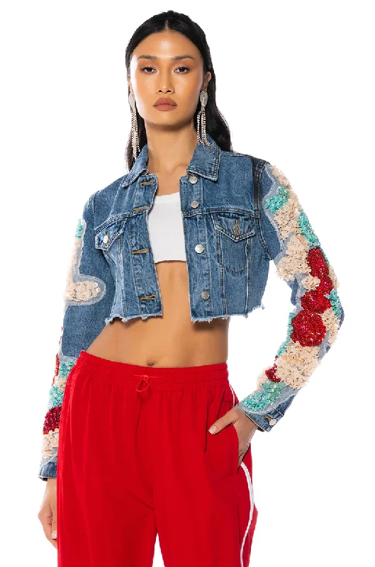 Stylish Puffer Jacket-SHOW OFF APPLIQUE DENIM JACKET