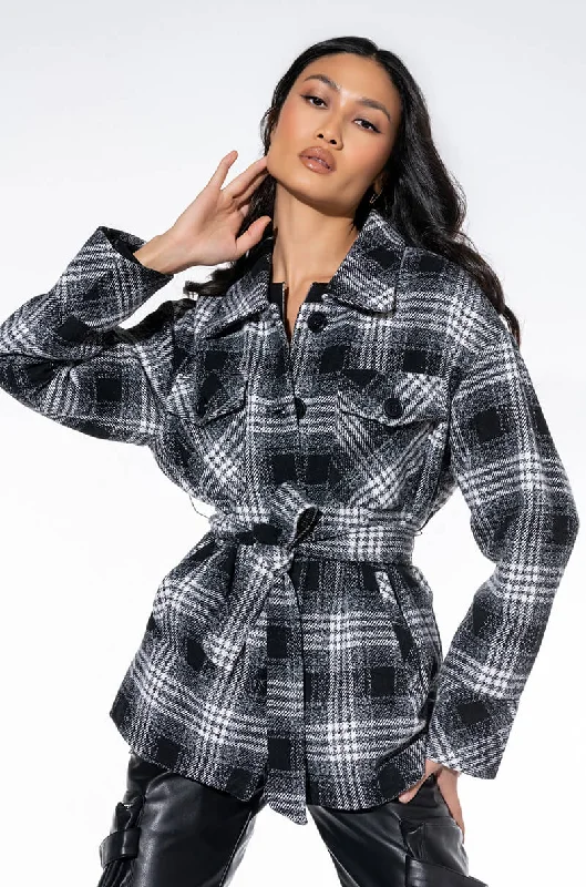 Fleece Jacket-FRONT TIE WRAP PLAID JACKET