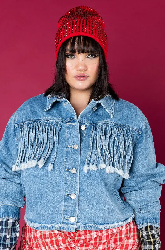 Field Jacket-PLUS A LITTLE BIT COUNTRY DENIM FRINGE JACKET