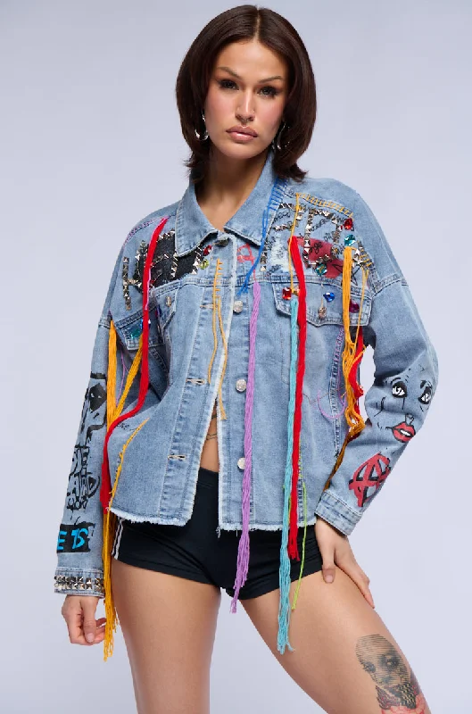 Sport Performance Jacket-LOST IN THE CITY STUDDED YARN APPLIQUE DENIM JACKET