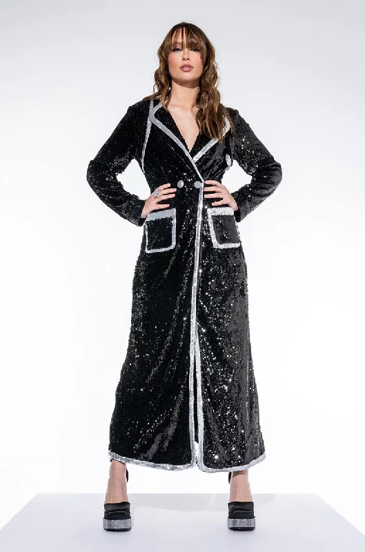 Stylish Jacket-RUNAWAY BABY LONG SEQUIN TRENCH JACKET