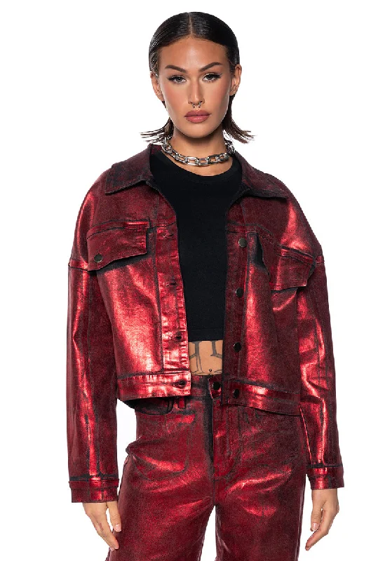 Parka Jacket-FULL RIDE METALLIC DENIM JACKET IN RED