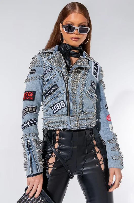 Outdoor Gear Jacket-AZALEA WANG ACDC STUDDED PATCHWORK DENIM MOTO JACKET