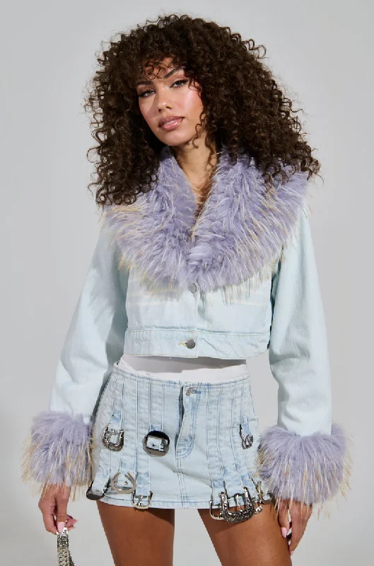 Lightweight Puffer Jacket-AD ASTRA FUR TRIM JACKET IN LIGHT BLUE DENIM