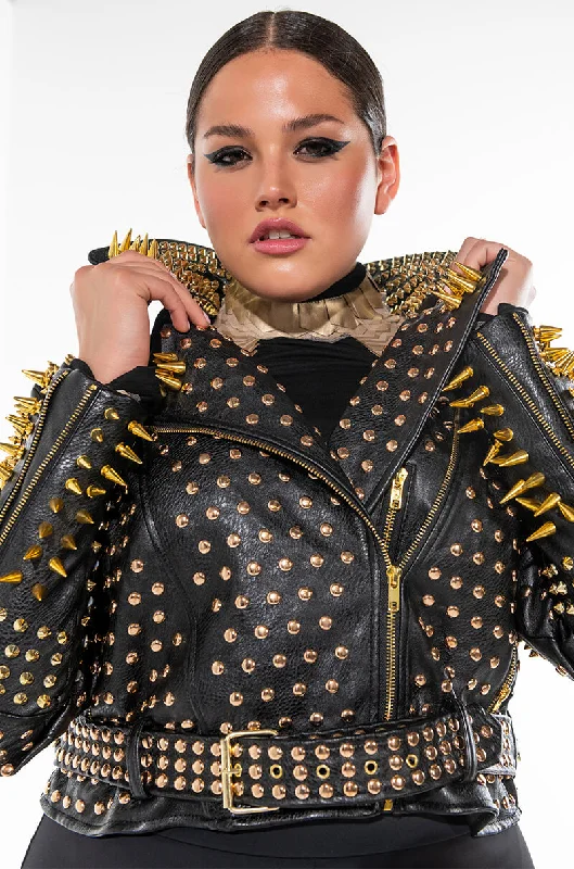 Business Jacket-PLUS LUCIFER GOLD SPIKE STUD MOTO JACKET