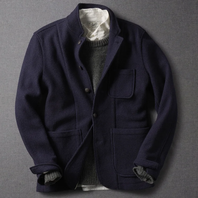 Double-breasted Jacket-Burnham Knitted Wool Blazer - Navy