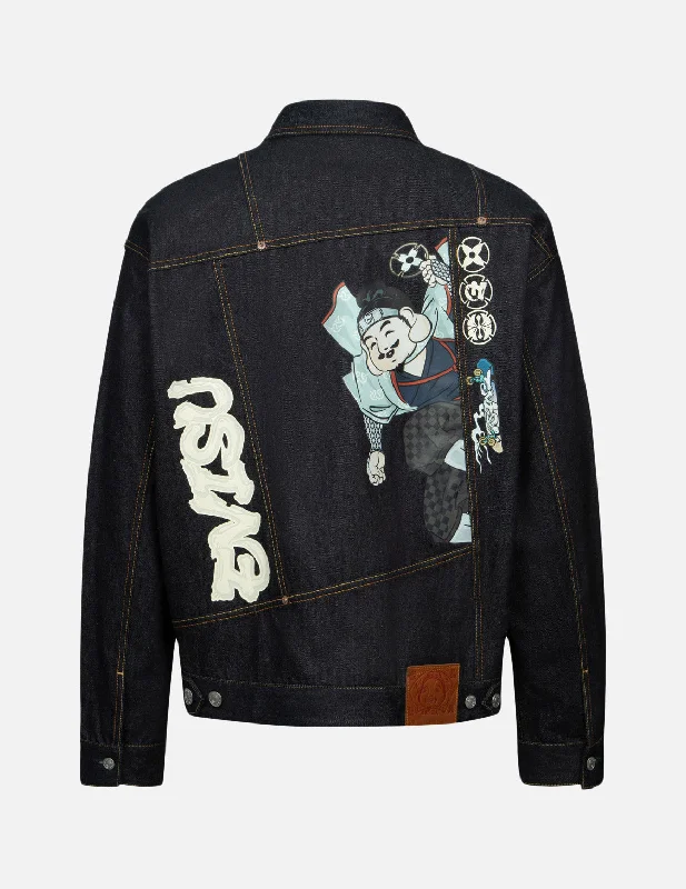 Stylish Puffer Jacket-Ninja Godhead Print Loose Fit Deconstructive Denim Jacket