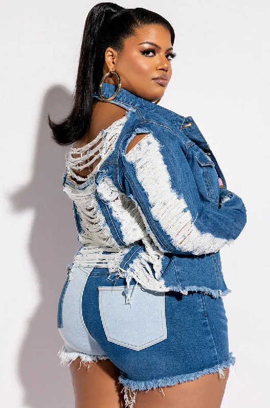 Full Sleeve Jacket-ULTRA DISTRESSED CROP DENIM JACKET