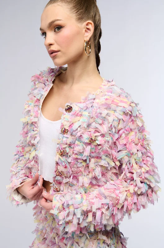 Faux Fur Jacket-HERE WITH ME FRINGE BLAZER JACKET IN PINK MULTI