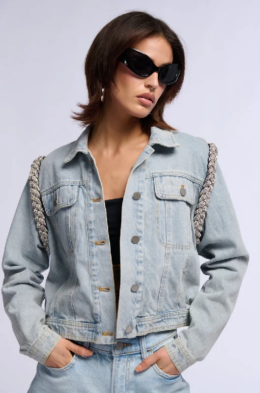 Warm Insulated Jacket-DIAMOND ROPE LIGHT WASH DENIM JACKET