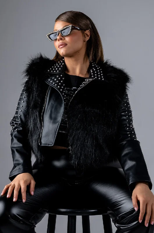 Sport Performance Jacket-PLUS EMMS STUDDED FAUX FUR JACKET