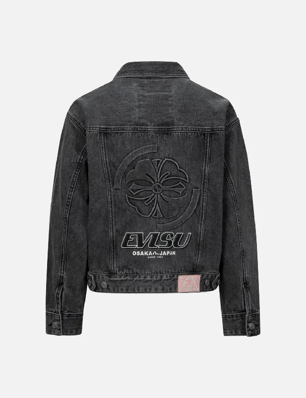 Everyday Jacket-Seagull Embroidery and Kamon Embossed Print Loose Fit Denim Jacket